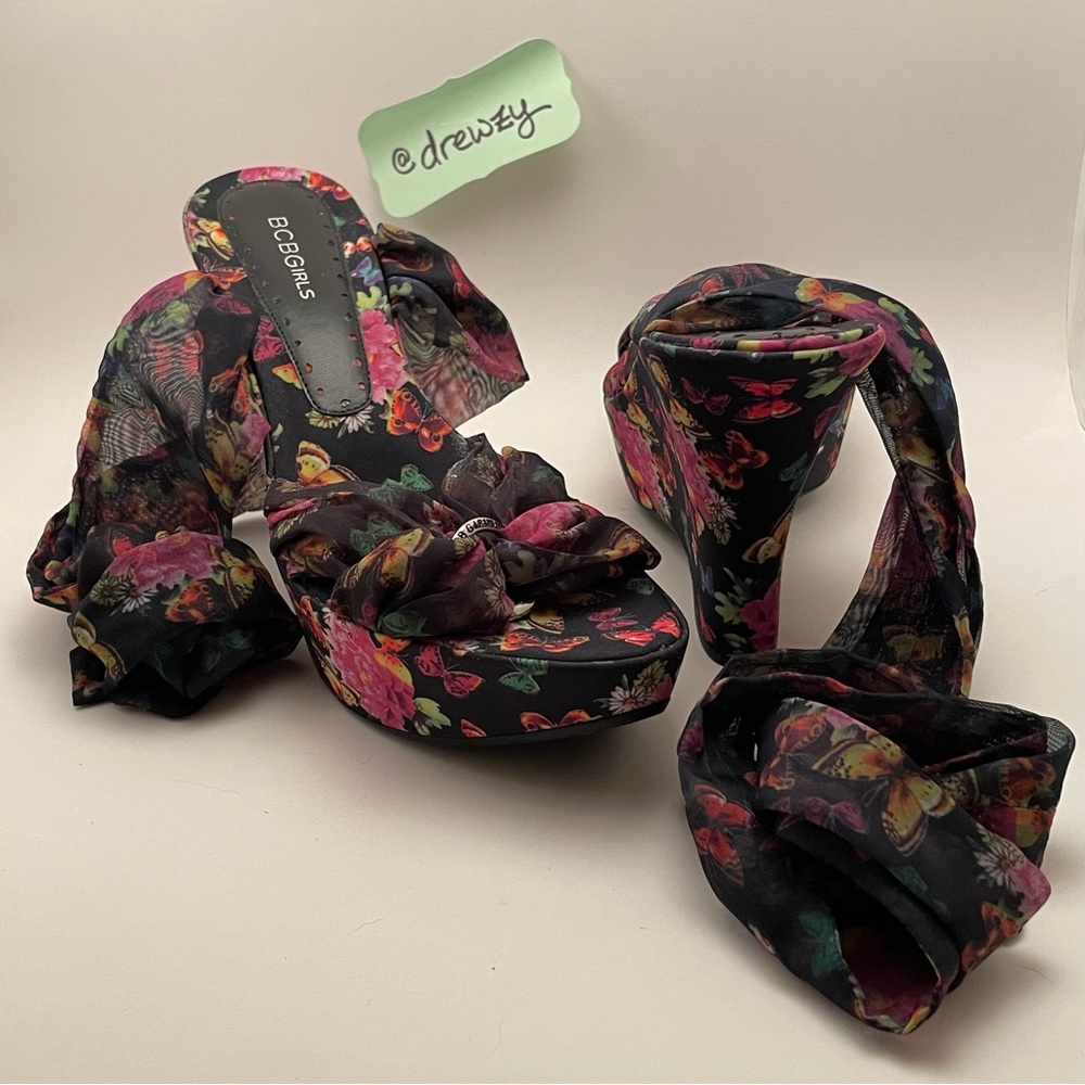 NEW BCBG Girls Floral Butterfly Wedge Ankle Wrap Heels - Picture 2 of 10